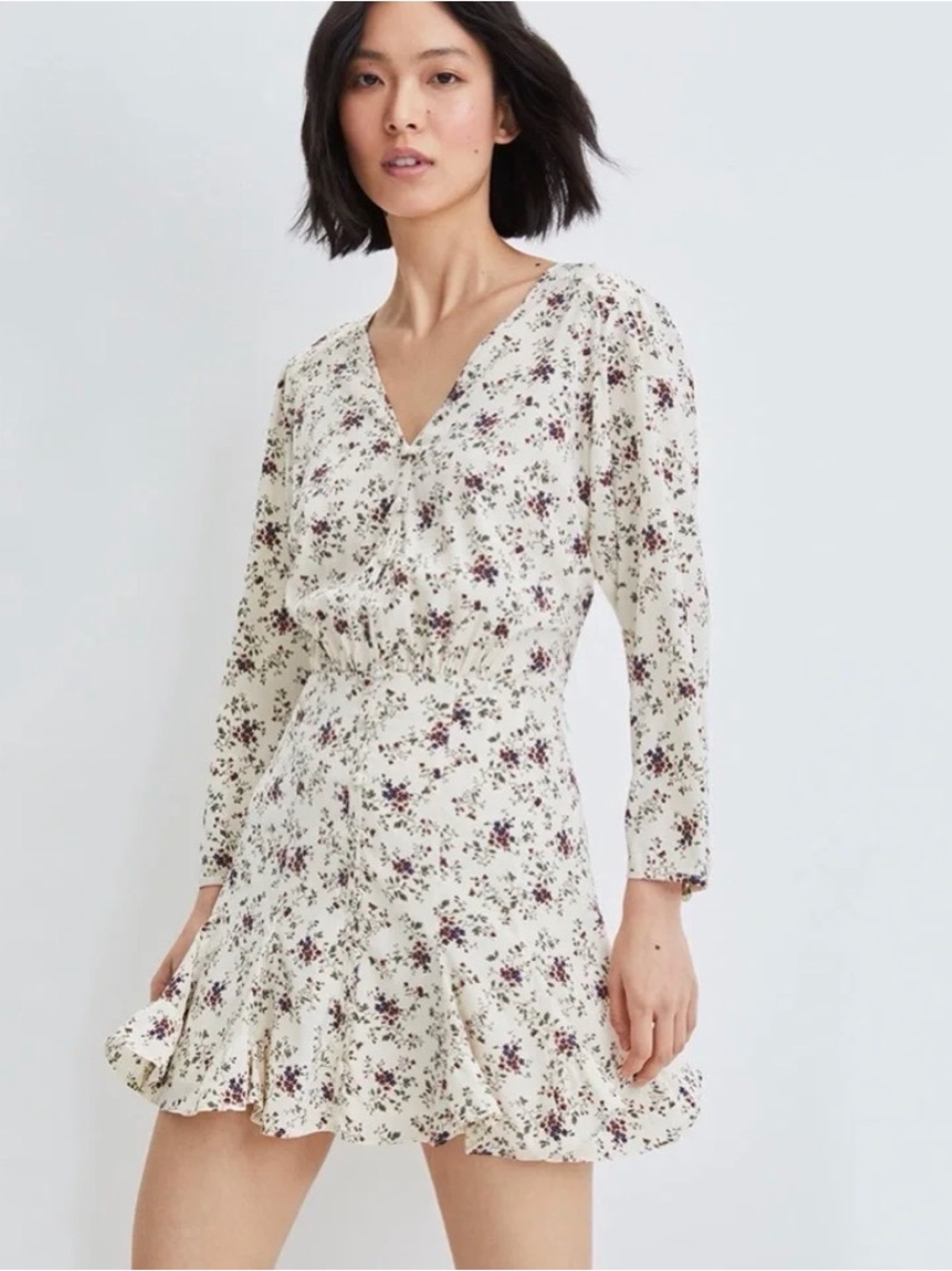 Veronica Beard Cream Floral V-Neck Long Sleeve Mini Dress